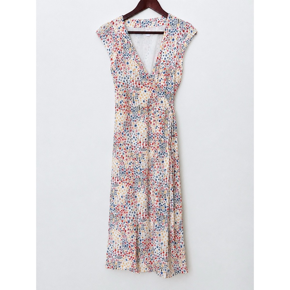 GAP Floral Wrap Midi Dress Size 2 White Blue Red Yellow Button Tie Cottagecore